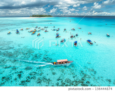 Aerial view of colorful boats and yachts in transparent water 136444874