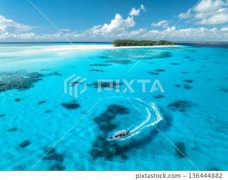 Aerial view of colorful boats, sandbank, blue sea on sunny day 136444882