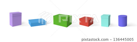 A set of colorful gift boxes of various shapes and sizes with closed lids. 136445005