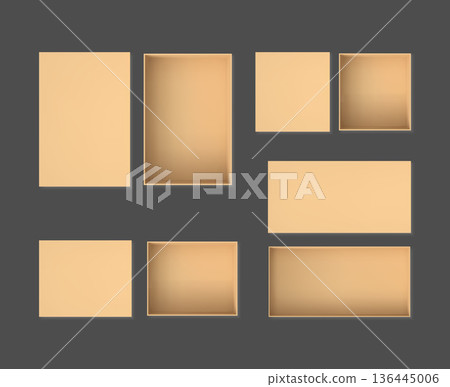 Gift cardboard box with lid above view vector set, 3D realistic craft brown container for present parcel, delivery case 136445006
