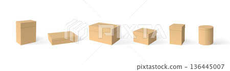 Gift cardboard box with closed lid, realistic 3D brown container for present, delivery package vector mockup collection 136445007
