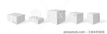 A set of sealed white cardboard boxes of various sizes and shapes, with shadows. A set of sealed white cardboard boxes of various sizes and shapes, with shadows. 136445008