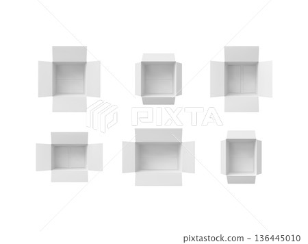 3D open cardboard empty box viewed from above, realistic white carton parcel, cargo delivery package mockup vector set 136445010