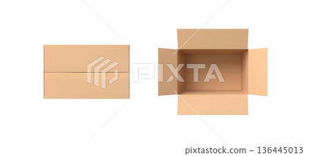 3D open, close cardboard empty box view from above, realistic brown carton parcel, cargo delivery package vector mockup 136445013
