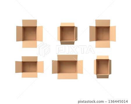 3D open cardboard empty box viewed from above, realistic brown carton parcel, cargo delivery package mockup vector set 136445014