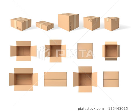 A set of cardboard box mockups of various shapes and sizes, open and closed, from different sides. 136445015