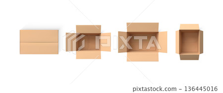 3D open cardboard empty box viewed from above, realistic brown carton parcel, cargo delivery package mockup vector set 136445016