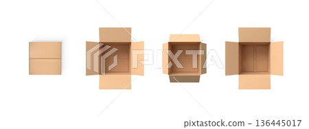 3D open cardboard empty box viewed from above, realistic brown carton parcel, parcel delivery package mockup vector set 136445017