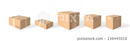 3D cardboard box different sizes vector icon set, closed brown carton parcel with transportation symbols, package mockup 136445018