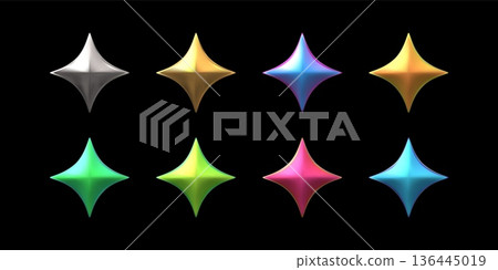 A set of four-pointed bright neon 3D stars or diamonds with a glow effect. 136445019