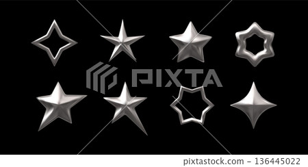 Set of different silver star shapes realistic 3D vector, chrome space emoji, abstract sparkle, award, Y2K decoration Set of different silver star shapes realistic 3D vector, chrome space emoji, abstract sparkle, award, Y2K decoration 136445022