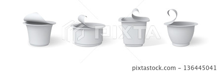Open yogurt cup 3D mock up vector set, dairy product packages, realistic plastic container different forms exposed lid Open yogurt cup 3D mock up vector set, dairy product packages, realistic plastic container different forms exposed lid 136445041