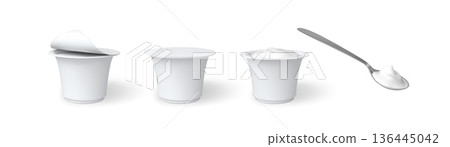 Yogurt cup and spoon vector set, milk dairy products package, vector 3D mockup of white round plastic container with lid Yogurt cup and spoon vector set, milk dairy products package, vector 3D mockup of white round plastic container with lid 136445042