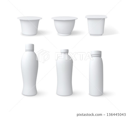 3D mock up of yogurt cup, juice or milk drink bottle packages vector set, realistic plastic containers with closed lid 136445043