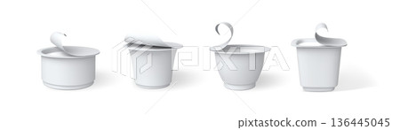 Open yogurt cup, dairy product packages vector set, 3D mockup of white plastic container different form with exposed lid Open yogurt cup, dairy product packages vector set, 3D mockup of white plastic container different form with exposed lid 136445045