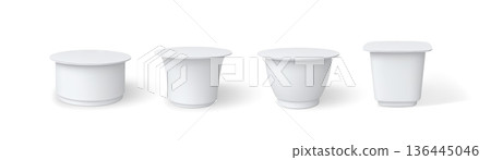 Realistic yogurt cup, dairy product packages vector set, 3D mockup of white plastic container different form, closed lid 136445046