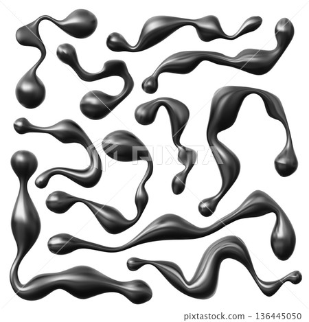 Metal liquid silver drops pattern vector illustration, 3D set of melt metallic fluid drops with chrome effect, splashes Metal liquid silver drops pattern vector illustration, 3D set of melt metallic fluid drops with chrome effect, splashes 136445050