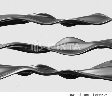 Silver metal liquid wave pattern set 3D vector, realistic chrome fluid ribbon with reflection gradient, melt curves Silver metal liquid wave pattern set 3D vector, realistic chrome fluid ribbon with reflection gradient, melt curves 136445054