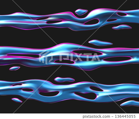 Holographic metal liquid drip wave pattern set with drops 3D vector, metallic fluid ribbon with reflection gradient Holographic metal liquid drip wave pattern set with drops 3D vector, metallic fluid ribbon with reflection gradient 136445055