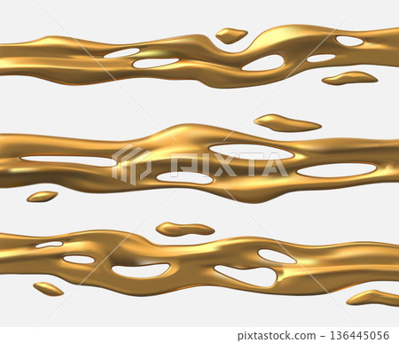 Metal liquid golden drip wave pattern set with drops 3D vector, realistic fluid metallic ribbon with reflection gradient Metal liquid golden drip wave pattern set with drops 3D vector, realistic fluid metallic ribbon with reflection gradient 136445056