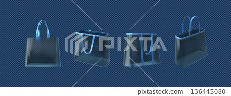 Transparent tote bags with hanging handles, blue shopping pouch with straps, clear plastic handbag mockup vector set Transparent tote bags with hanging handles, blue shopping pouch with straps, clear plastic handbag mockup vector set 136445080