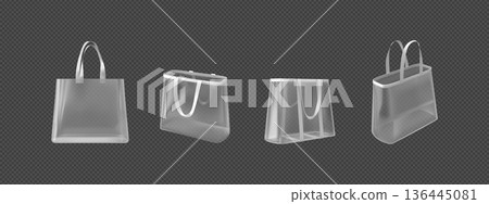 Set of blank, clear PVC tote bags, white, viewed from different sides, with up and down handles. 136445081