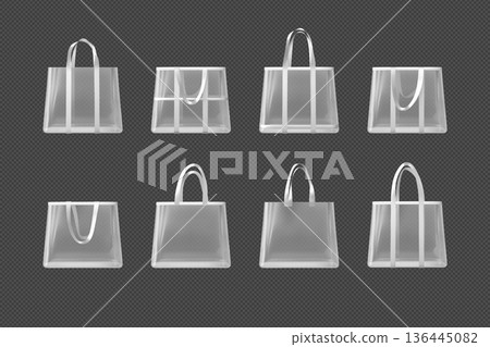 Transparent tote bags with hanging handles, white shopping pouch with straps, clear plastic handbag mockup vector set Transparent tote bags with hanging handles, white shopping pouch with straps, clear plastic handbag mockup vector set 136445082