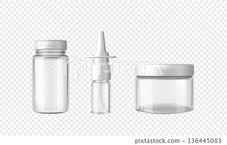 A set of transparent glass containers of various shapes, with closed lids and spray dispensers. 136445083