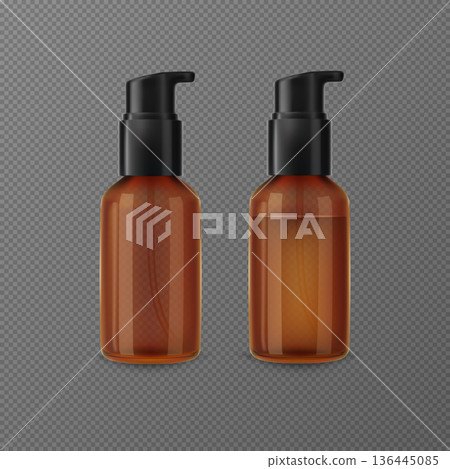 Two realistic amber glass bottles with black dispensers, one empty and one full. Two realistic amber glass bottles with black dispensers, one empty and one full. 136445085