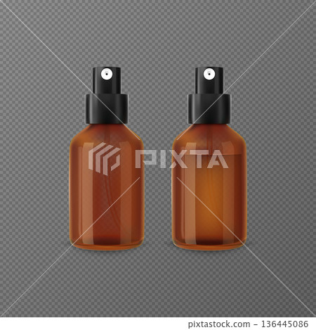 Realistic amber glass spray bottles empty and filled vector mockup, brown dispensers with spray nozzles, aerosol package 136445086