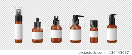 A set of realistic amber bottles with various dispensers and blank white labels. 136445087