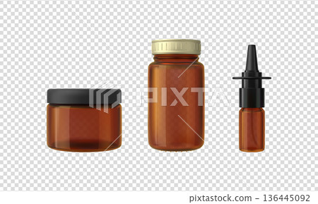 Realistic amber glass bottles, vector mockup brown containers, pump spray vial, empty flasks, cosmetic products package 136445092