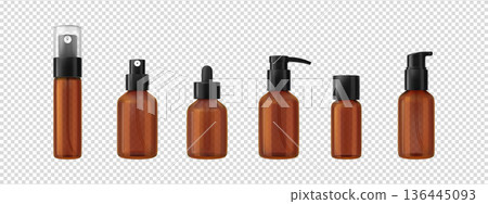 Realistic amber glass bottles, vector mockup containers of empty cosmetic flasks with pump dispensers and spray nozzle Realistic amber glass bottles, vector mockup containers of empty cosmetic flasks with pump dispensers and spray nozzle 136445093