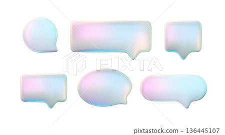 Glass holographic empty speech bubble 3D icon vector set, realistic volume roundish text bubble chat message pearl shine Glass holographic empty speech bubble 3D icon vector set, realistic volume roundish text bubble chat message pearl shine 136445107