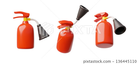 Red fire extinguisher 3D icons vector set, carbon dioxide fire extinguisher with nozzle, portable emergency equipment Red fire extinguisher 3D icons vector set, carbon dioxide fire extinguisher with nozzle, portable emergency equipment 136445110