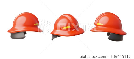 Red firefighter's helmet 3D cartoon icons vector set, fireman rescuer helmet, firefighter gear for protection and safety Red firefighter's helmet 3D cartoon icons vector set, fireman rescuer helmet, firefighter gear for protection and safety 136445112