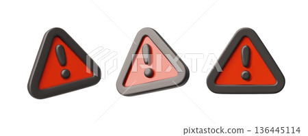 Exclamation point road warning sign 3D icon vector set, danger hazard attention, red triangular caution emergency signal 136445114