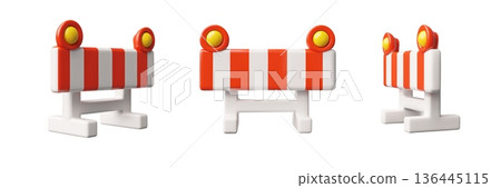 3D road barrier set from different sides, with red and white stripes and yellow warning lights. 3D road barrier set from different sides, with red and white stripes and yellow warning lights. 136445115