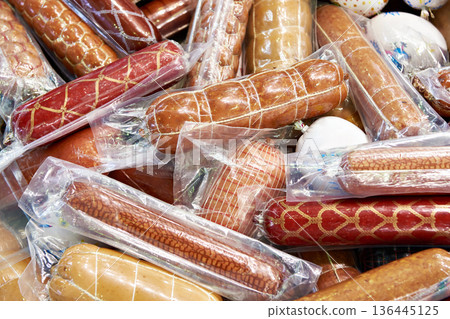 Sausages in plastic vacuum pack Sausages in plastic vacuum pack 136445125