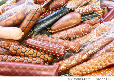 Sausages in pack at market 136445140
