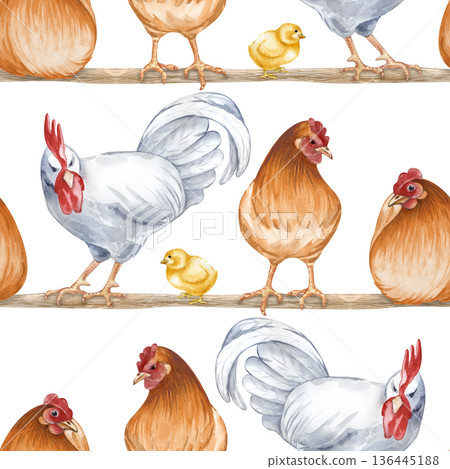 Horizontal seamless pattern depicting sitting and standing farm birds on a roost. Watercolor illustration of a poultry yard on an isolated background. Brown hens, a white rooster and chickens on a Horizontal seamless pattern depicting sitting and standing farm birds on a roost. Watercolor illustration of a poultry yard on an isolated background. Brown hens, a white rooster and chickens on a 136445188