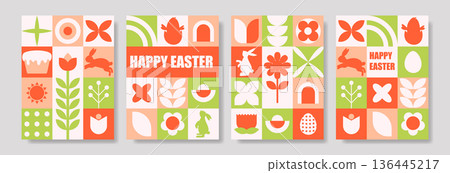 Festive display with eggs and bunnies. Vibrant seasonal setup showcasing springtime symbols 136445217