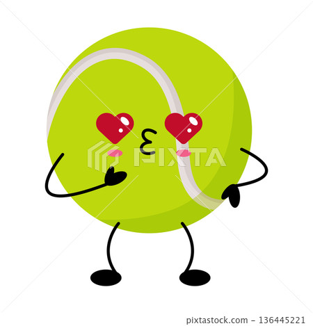 Vivid emoji sticker featuring lively tennis ball with tiny arms and blushing cheeks 136445221