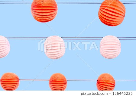 Paper lanterns, farolillos, at the April Fair in Seville, Spain. 136445225
