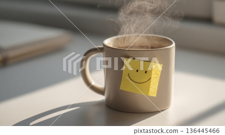 Cozy coffee mug with smiley sticky note in morning sunlight Cozy coffee mug with smiley sticky note in morning sunlight 136445466