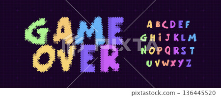 Game Over Font Logo Alphabet Y2K Pixel Letter Set Modern Typography, Arcade Typographic Design for Title Text, Gaming Typo Headline, Old Computer Type Symbol Logotype, Games Fonts. Vector Typeface Game Over Font Logo Alphabet Y2K Pixel Letter Set Modern Typography, Arcade Typographic Design for Title Text, Gaming Typo Headline, Old Computer Type Symbol Logotype, Games Fonts. Vector Typeface 136445520