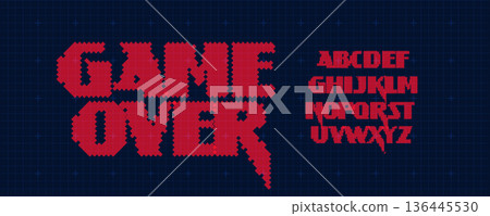 Game Over Font Logo Alphabet Y2K Pixel Letter Set Modern Typography, Arcade Typographic Design for Title Text, Gaming Typo Headline, Old Computer Type Symbol Logotype, Games Fonts. Vector Typeface Game Over Font Logo Alphabet Y2K Pixel Letter Set Modern Typography, Arcade Typographic Design for Title Text, Gaming Typo Headline, Old Computer Type Symbol Logotype, Games Fonts. Vector Typeface 136445530