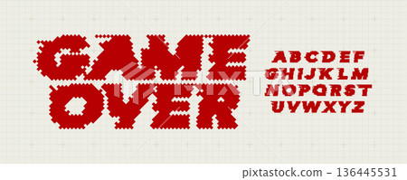 Game Over Font Logo Alphabet Y2K Pixel Letter Set Modern Typography, Arcade Typographic Design for Title Text, Gaming Typo Headline, Old Computer Type Symbol Logotype, Games Fonts. Vector Typeface Game Over Font Logo Alphabet Y2K Pixel Letter Set Modern Typography, Arcade Typographic Design for Title Text, Gaming Typo Headline, Old Computer Type Symbol Logotype, Games Fonts. Vector Typeface 136445531