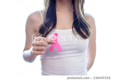 Woman holding a pink ribbon, breast cancer screening, early detection, recommended, image Woman holding a pink ribbon, breast cancer screening, early detection, recommended, image 136445558