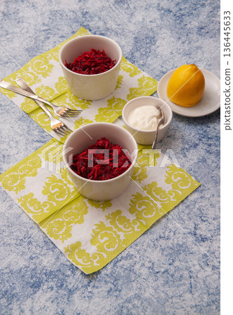 Salad of Grated Raw Beetroot with Grated Raw Carrot, Apple and Orange. Salad of Grated Raw Beetroot with Grated Raw Carrot, Apple and Orange. 136445633